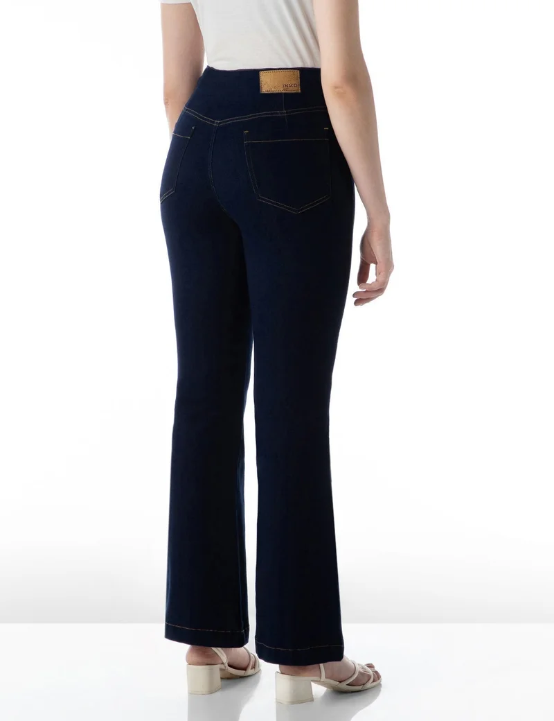 inkd Dark Knight Women's Flared Pull-on Jeans - Mid-Rise| Enzyme Wash | Slant Waistband | Jeans for Women for Women | Best Price UAE